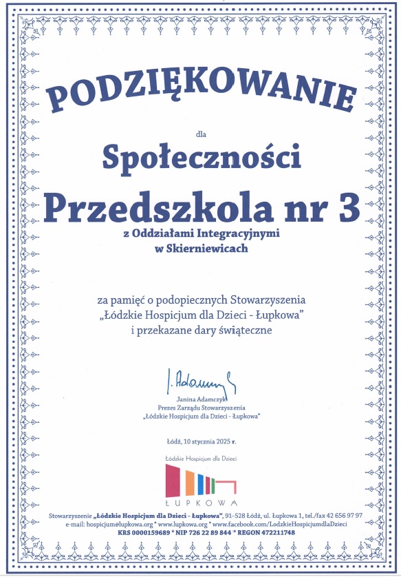 Podziękowania "Łódzkie Hospicjum dla Dzieci-Łupkowa"