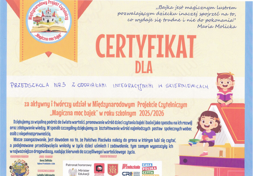 Certyfikat "Magiczna moc Bajek"
