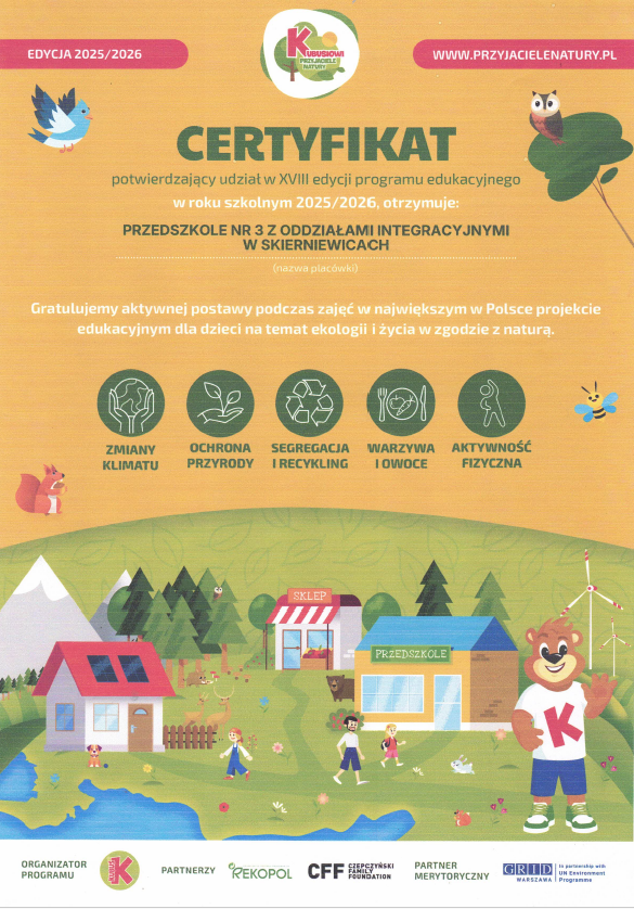 Certyfikat Udziału w programie edukacyjnym Przyjaciele natury