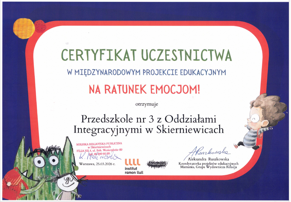 Certyfikat uczestnictwa w międzynarodowym projekcie