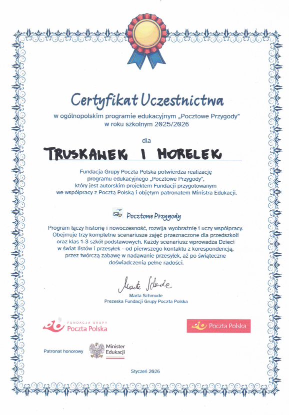 Certyfikat uczestnictwa "Pocztowe przygody"