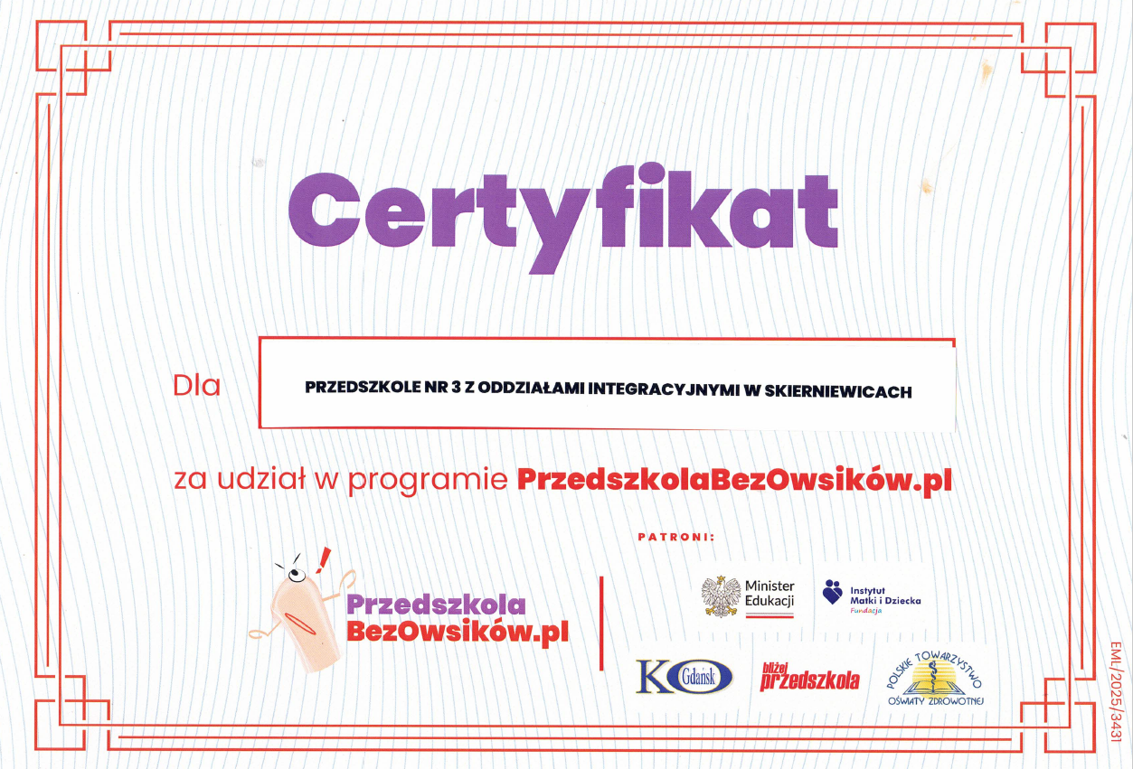 Certyfikat udziału w programie Przedszkole bez owsik&oacute;w